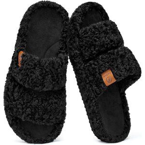 Womens EverFoams  Fuzzy Open-toe Memory Soft Comfy Slippers House Shoes Black